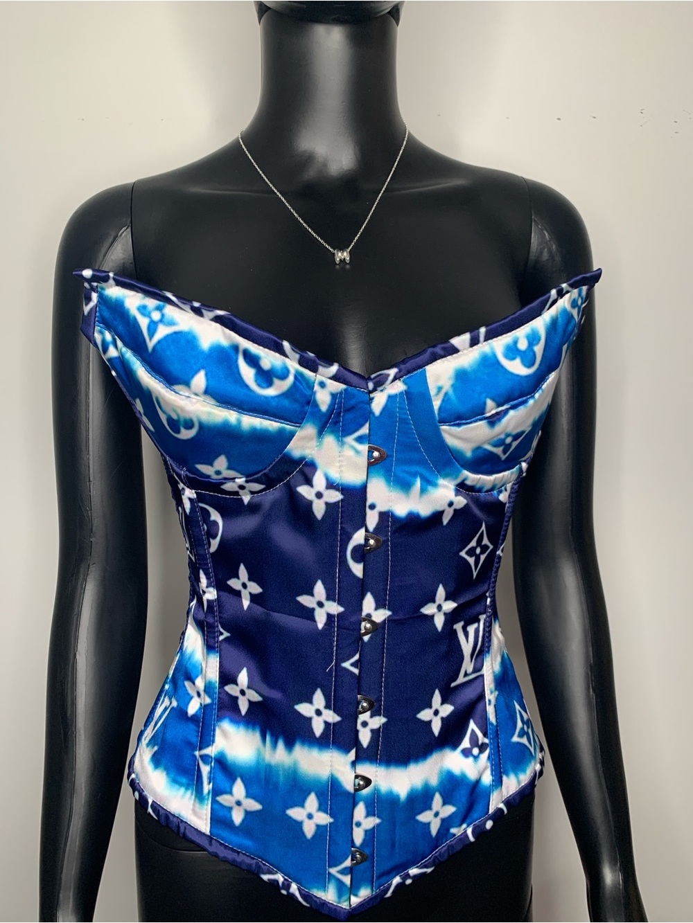 Blue Monogram Satin Corset Camisole